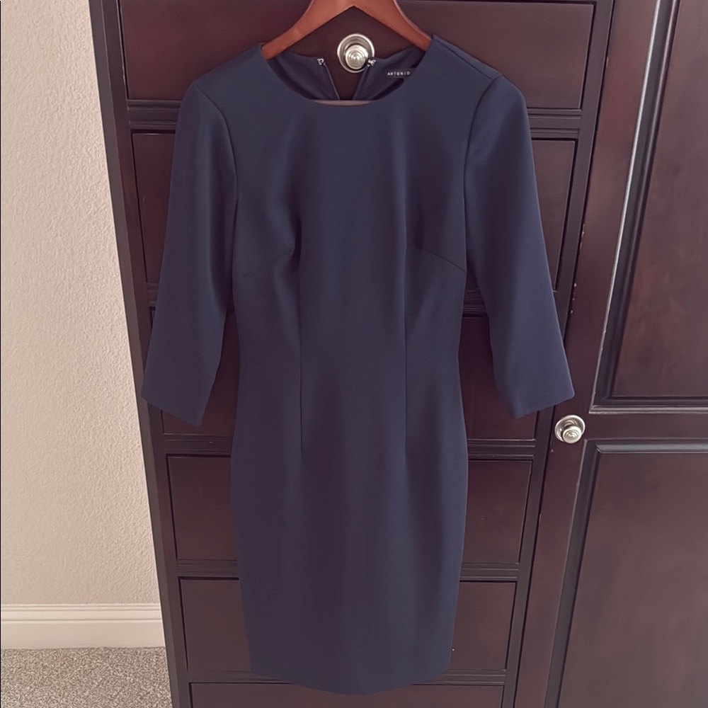 ANTONIO MELANI Blue Sheath Dress 3/4 Sleeve Crew Neck
